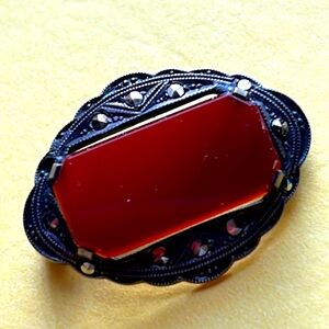 Antique German sterling silver Marcasite Carnelian pin